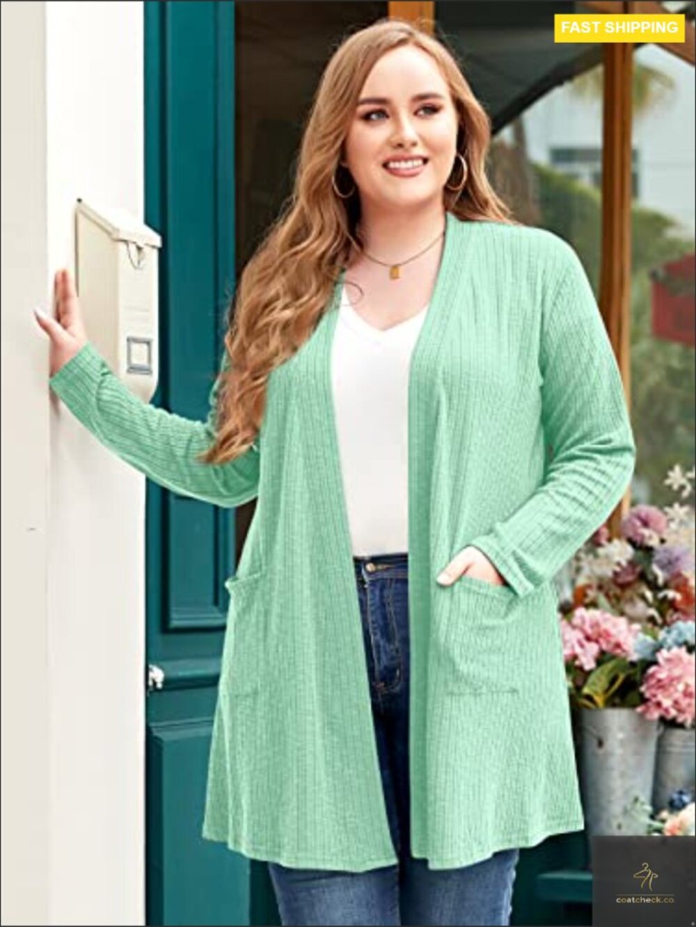 Open Front Knit Cardigan Long Sleeve Lightweight Sweater with Pockets Plus Size - Picture 3 of 7